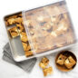 Bars in high sided sheet cake pan with lid covering half, few cut on a plate